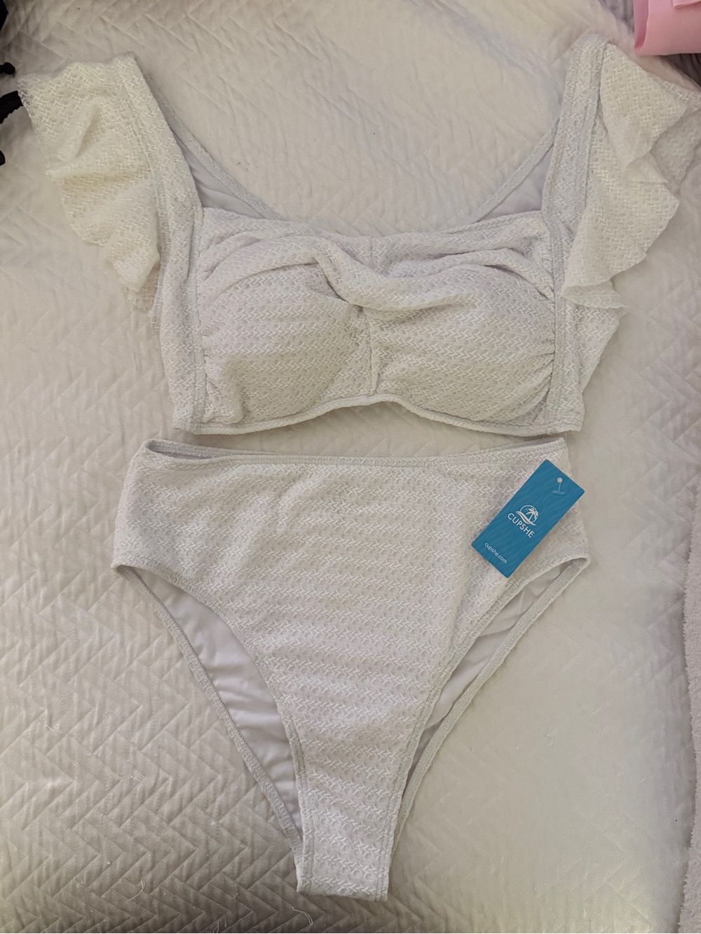 Cupshe White Textured Ruffle Sleeve Bikini Set
